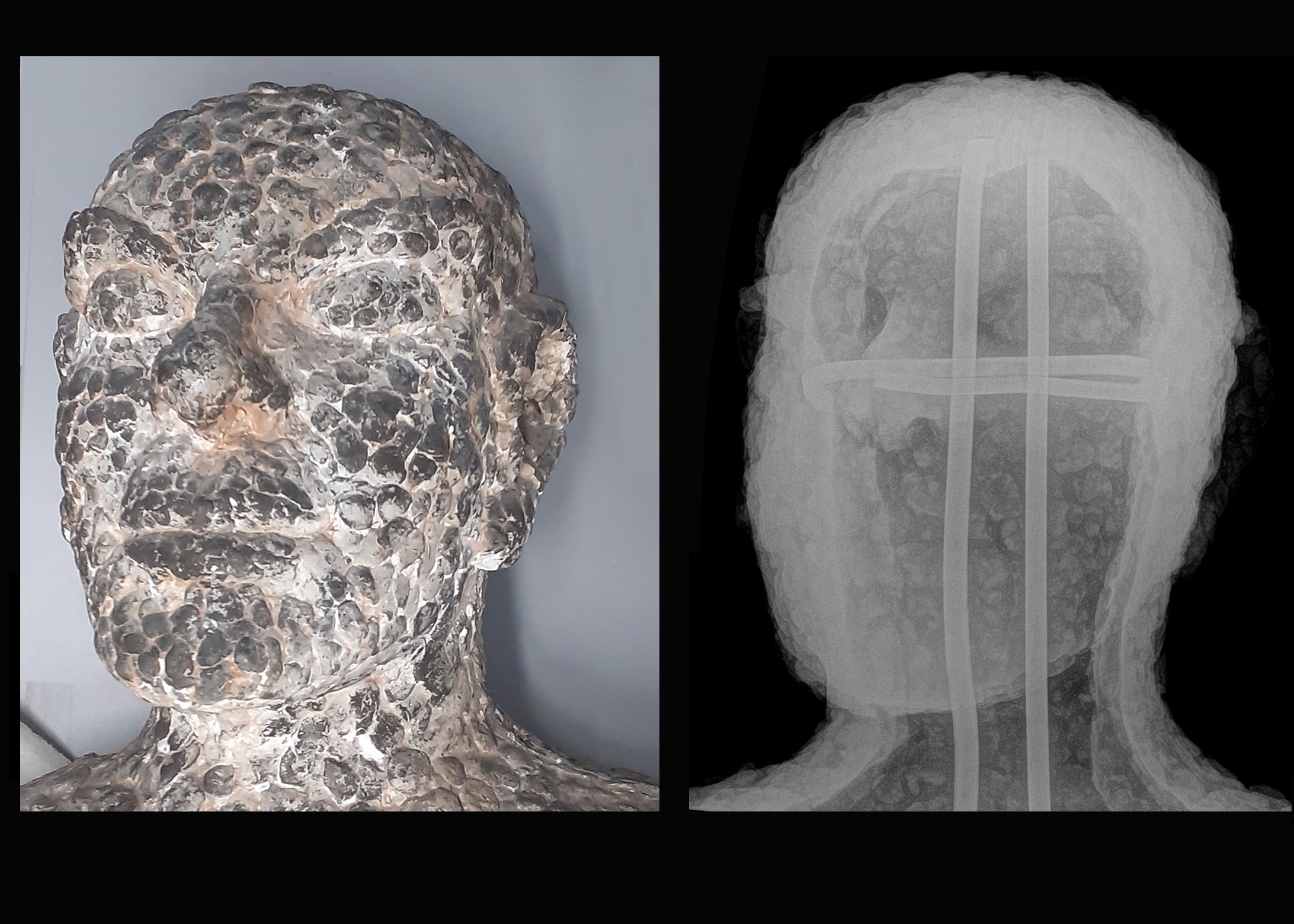 Two images of a sculpture of the head of a man. The image on the right is a