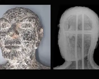 Two images of a sculpture of the head of a man. The image on the right is a